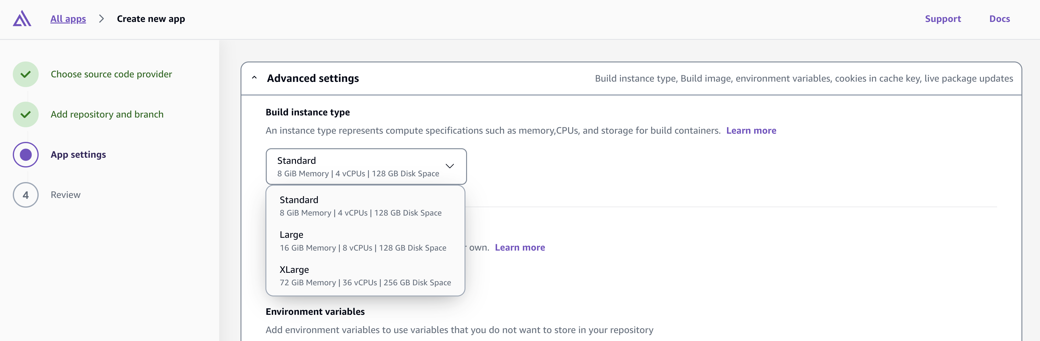 Screenshot of amplify hosting console with a dropdown to select build instances